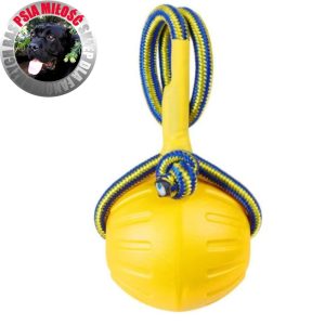 Piłka gumowa Psia Miłość – żółta, pływająca, Ø 9 cm, na lince 50 cm