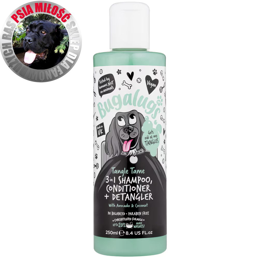 Bugalugs Tangle Tame 3in1 Shampoo - szampon z odżywką i rozkołtuniacz, o zapachu awokado i kokosa - 250ml