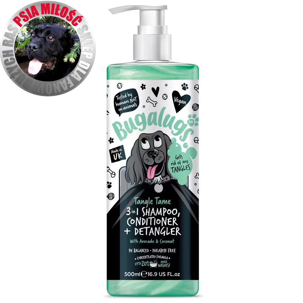 Bugalugs Tangle Tame 3in1 Shampoo - szampon z odżywką i rozkołtuniacz, o zapachu awokado i kokosa - 500ml