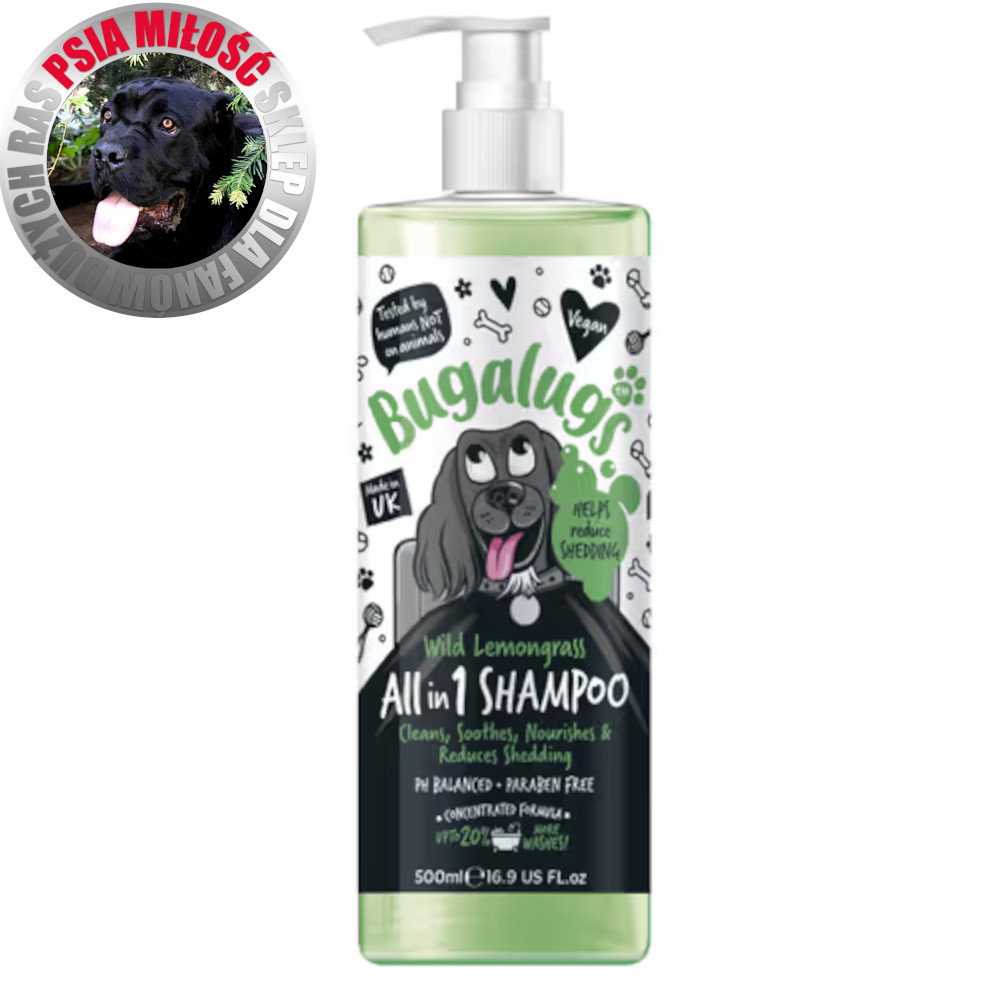 Bugalugs All in 1 Shampoo 500ml - szampon z odżywką dla psa, zmniejszający wypadanie sierści, koncentrat 1:10