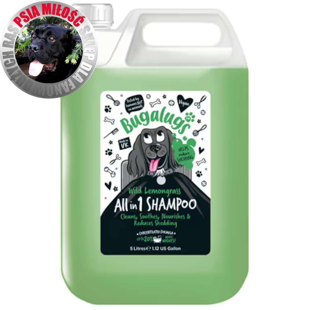 Bugalugs All in 1 Shampoo 5L - szampon z odżywką dla psa, zmniejszający wypadanie sierści, koncentrat 1:10